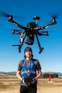 Drone pilot operating a remote controller to fly a drone, representing RPAS and drone training career opportunities