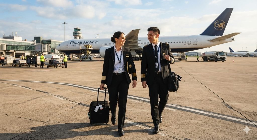 Two commercial pilots walking on the airport tarmac, representing pilot jobs Nepal students pursue after flight training